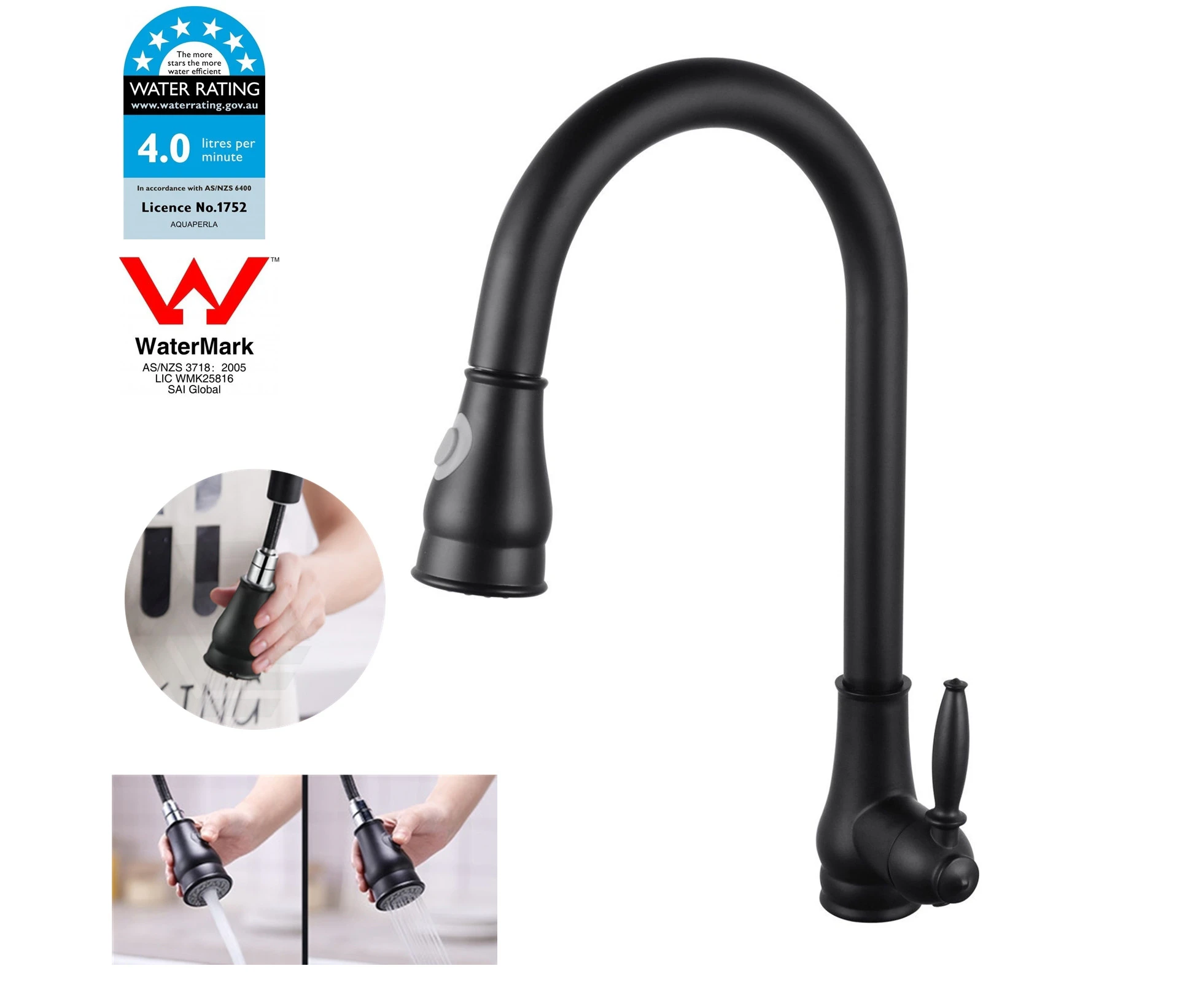 WELS Pull Out Kitchen Sink Mixer Tap 360°Swivel Kitchen Faucet Columnar Water Shower Water Round Black