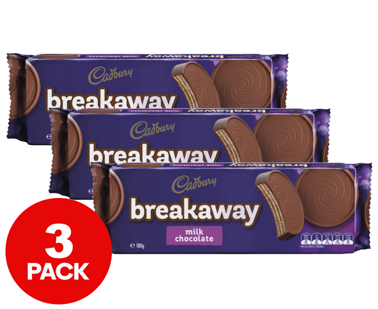 3 x Cadbury Breakaway Biscuits Milk Chocolate 180g