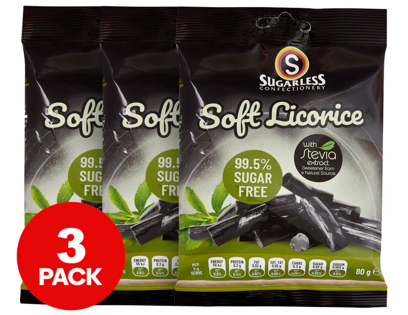 3 x Sugarless Confectionery Soft Licorice 80g