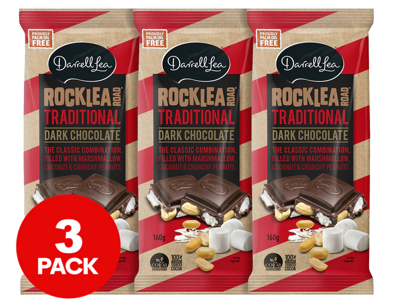 3 x Darrell Lea Rocklea Road Traditional Dark Chocolate Block 160g