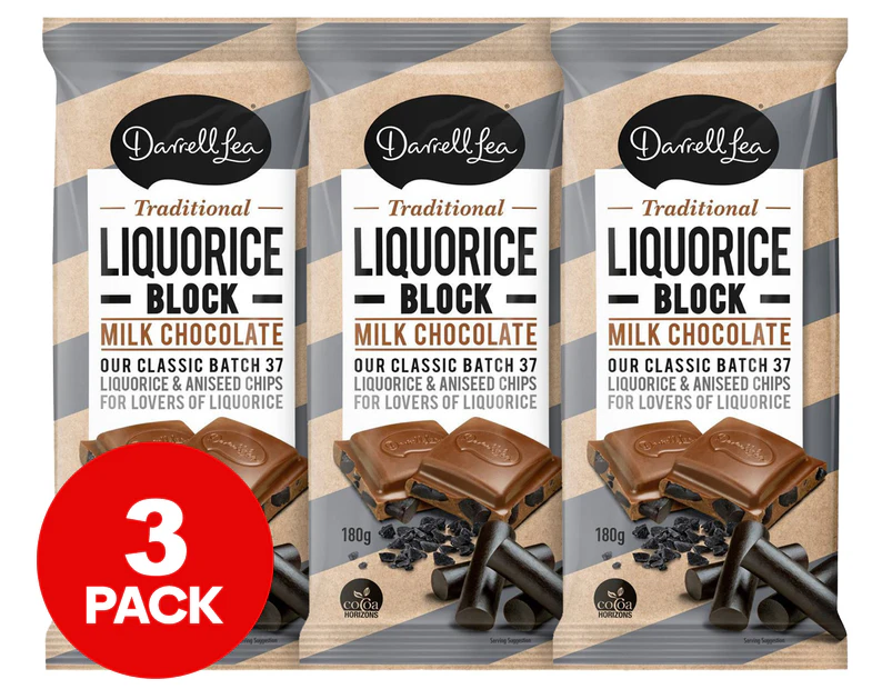 3 x Darrell Lea Liquorice Milk Chocolate Block 180g