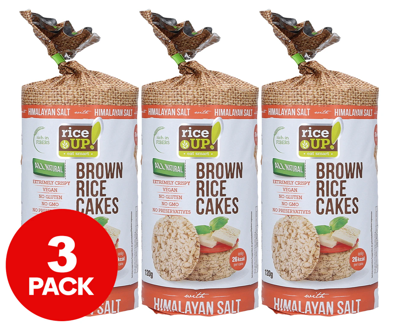 3 x Rice Up Popped Organic Whole Grain Brown Rice Cakes Himalayan Salt 120g