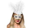 Elegant Tall Feather Masquerade Mask, White and Gold Womens