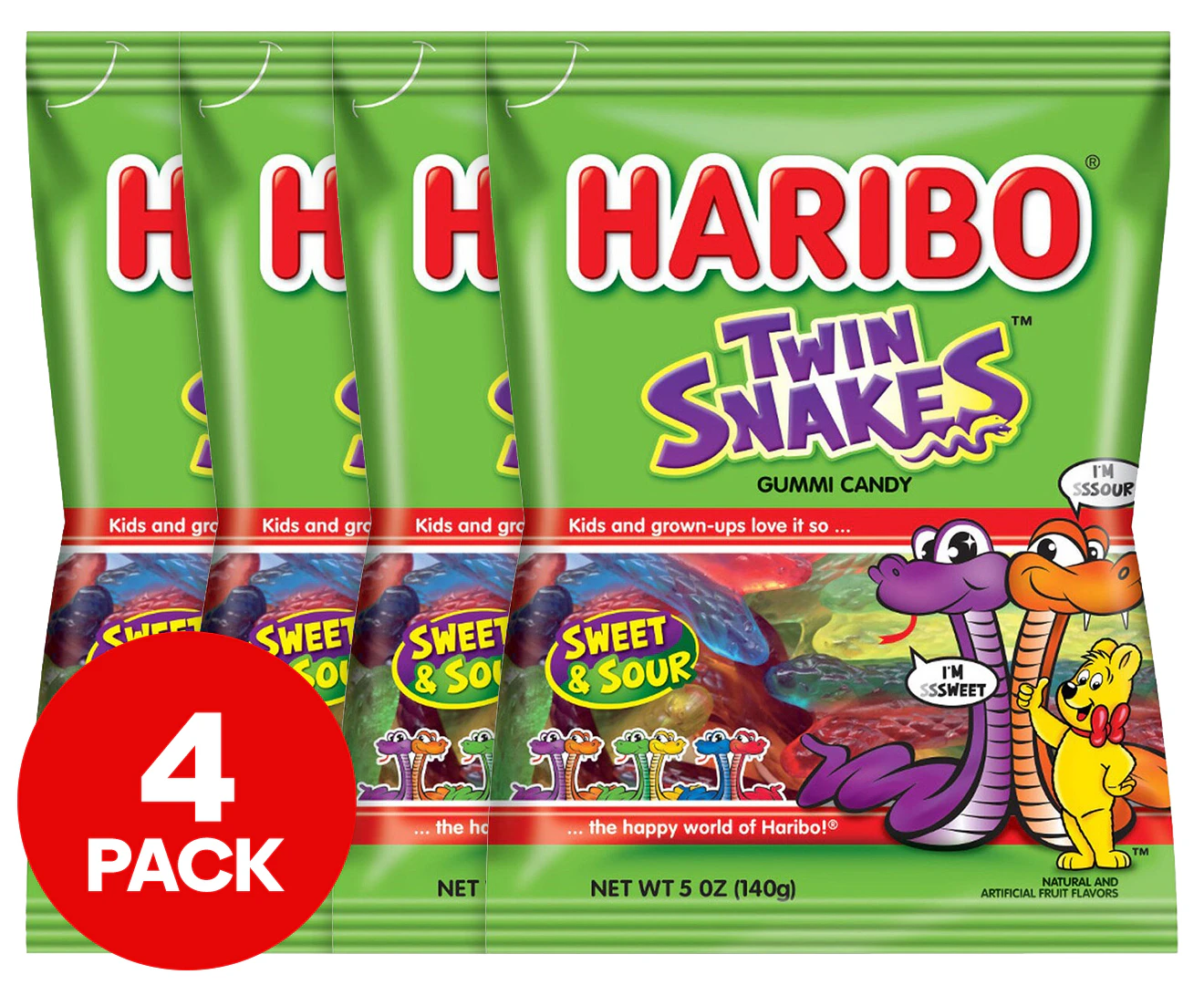 4 x Haribo Sweet & Sour Twin Snakes 140g