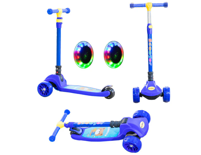 Kids Scooter Blue LED Light Flashing Foldable 3 Wheels Kick Push Aluminum T Bar Adjustable Height Brake Toddler Ride On Toy