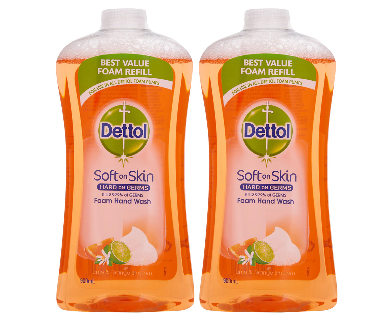 2 x Dettol Soft On Skin Foam Hand Wash Refill Lime & Orange Blossom 900mL