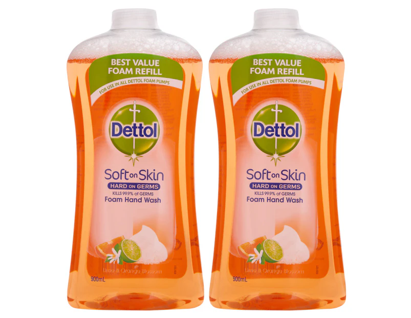 2 x Dettol Soft On Skin Foam Hand Wash Refill Lime & Orange Blossom 900mL