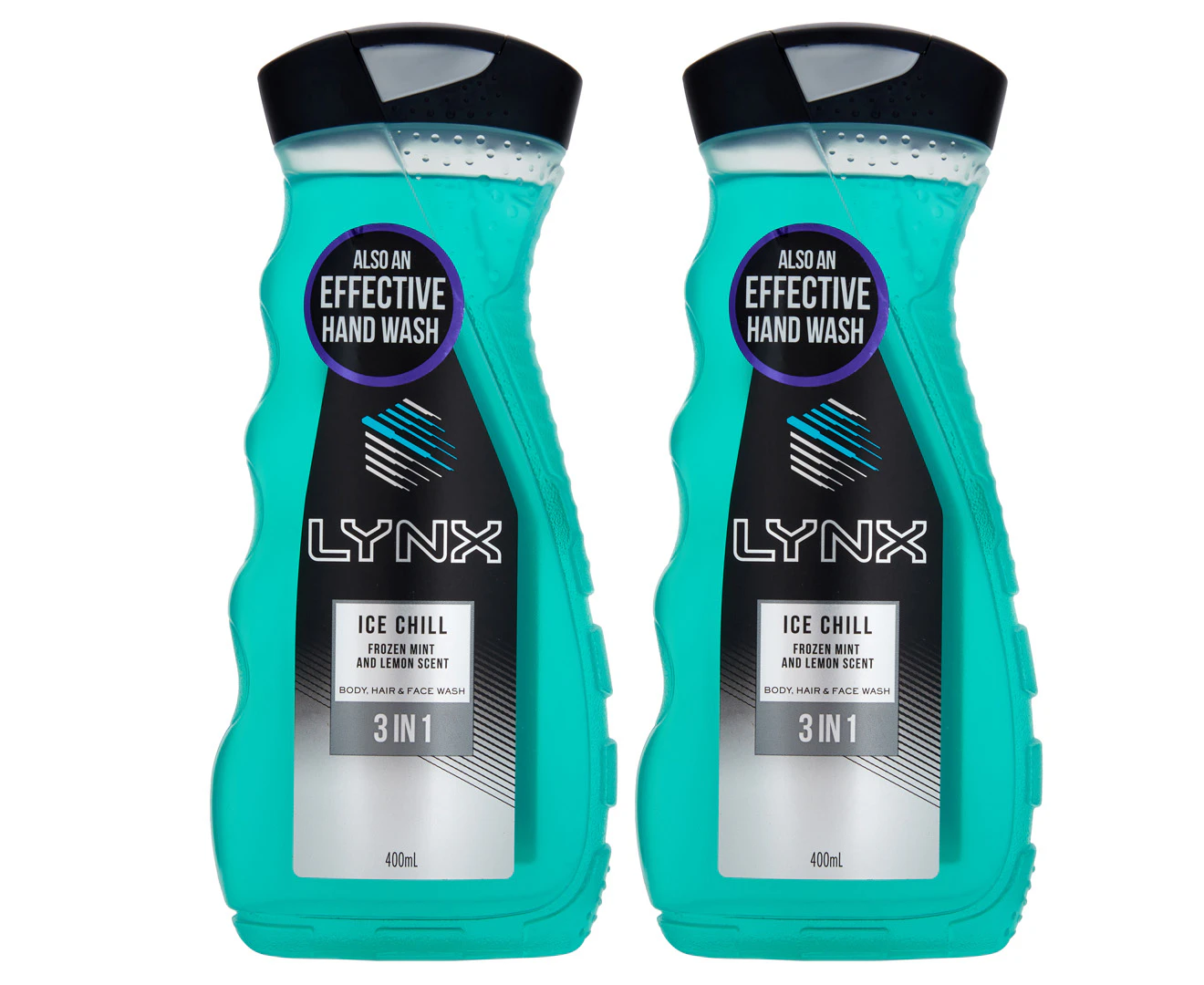 2 x Lynx 3-In-1 Body, Hair & Face Wash Ice Chill 400mL