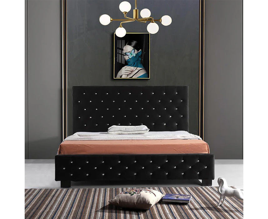 Dallas Velvet Bed With Tufted Diamond Black