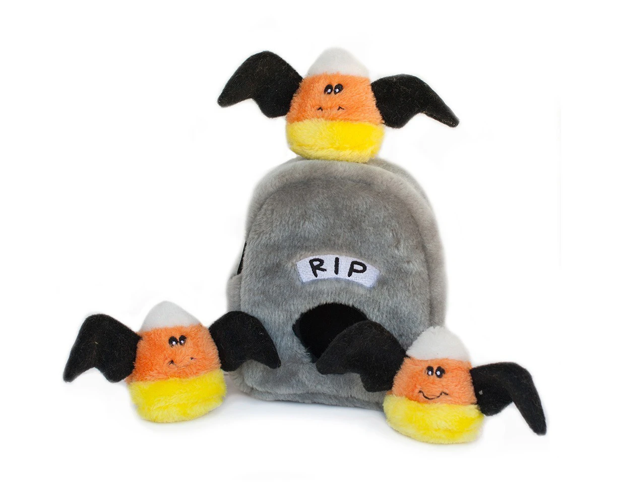 ZippyPaws - Holiday Burrow, Interactive Squeaky Hide and Seek Plush Dog Toy - Spooky Gravestone