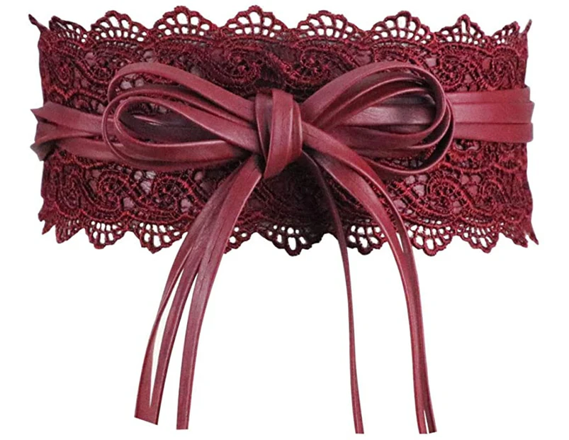 (Total length 220cm , Lacy Red) - Womens Faux Leather Wide Cinch Belt Waistband Lace Up Wrap Around Obi Bowknot