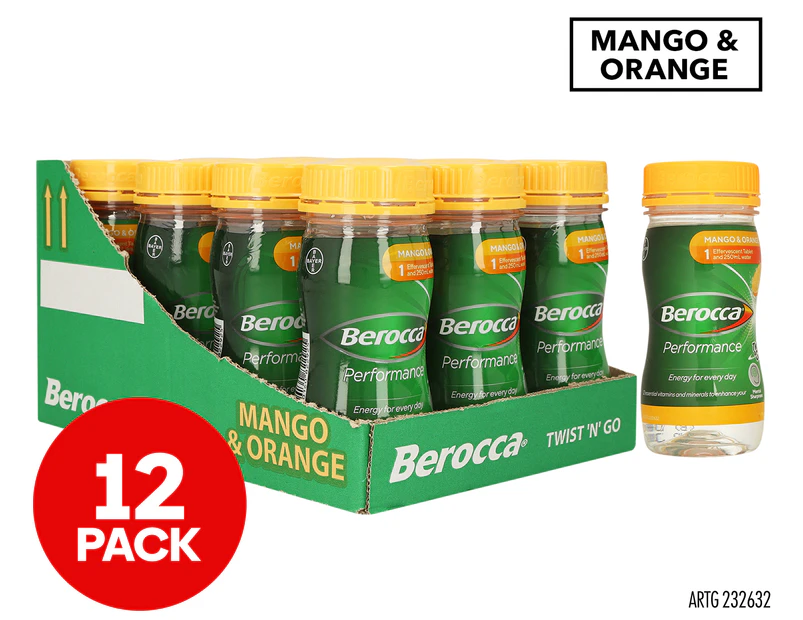 12 x Berocca Performance Twist 'N' Go Energy Drink Mango & Orange 250mL