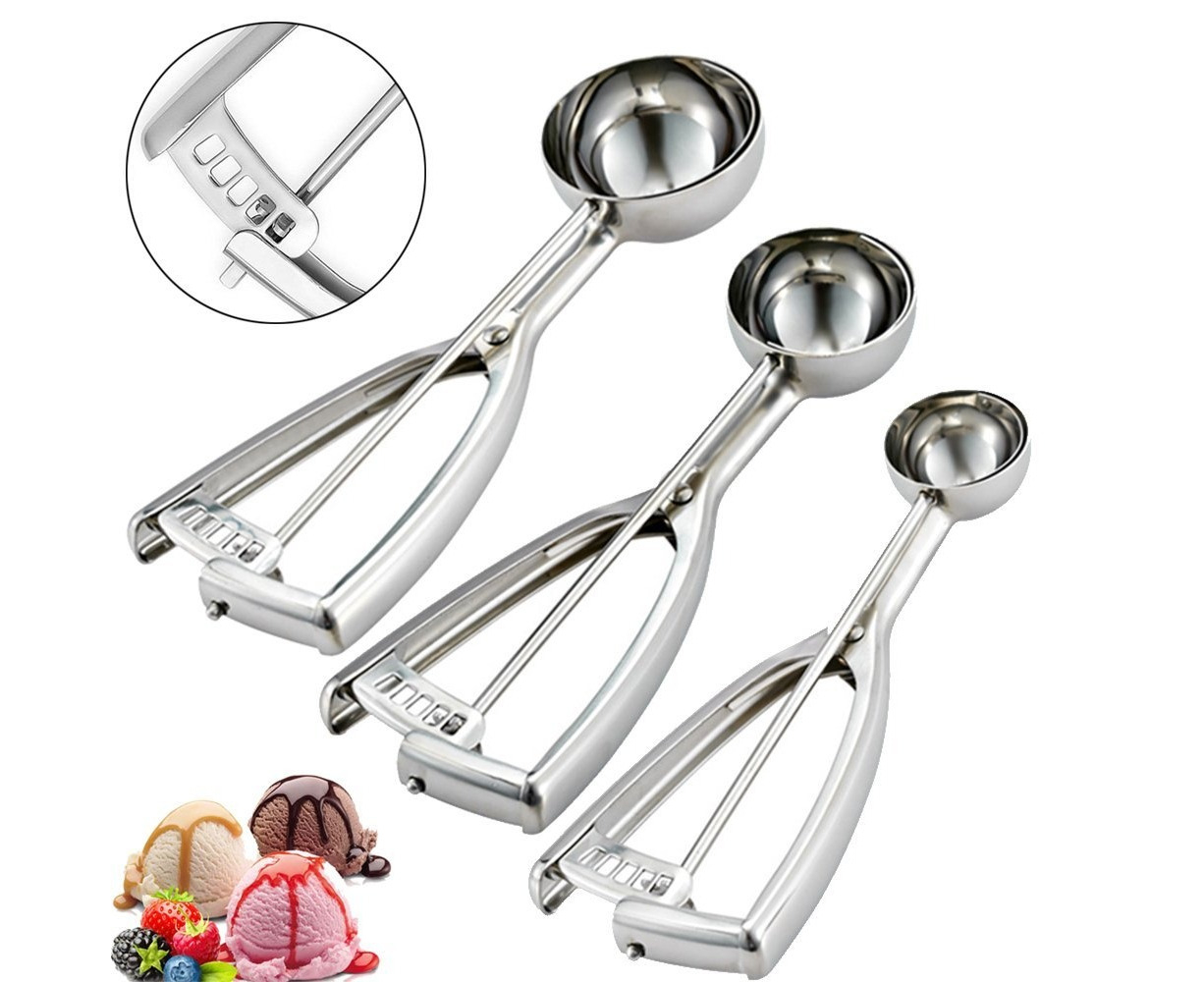 Ice Cream Scooper With Trigger Small Medium Large Set Cookie Spoon Kitchen  Tool Icecream Accessory Food Grade Stainless Steel - Buy Ice Cream Scooper  With Trigger Small Medium Large Set Cookie Spoon