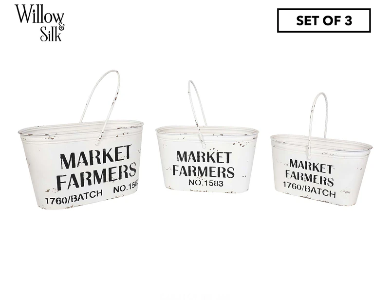 Set of 3 Willow & Silk Nested Farmers Market Buckets - Distressed White/Black