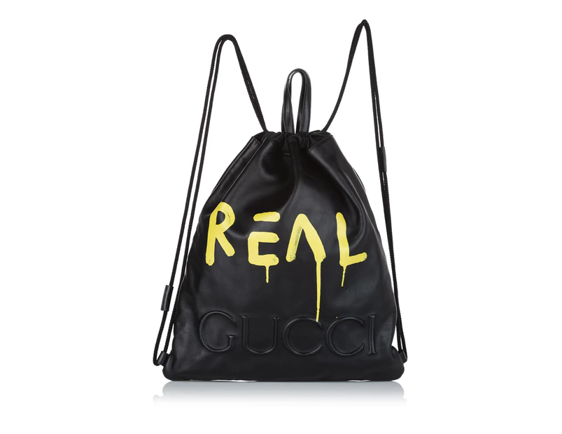 Gucci Preloved Gucci Ghost Drawstring Leather Backpack Men Black - Designer - Pre-Loved