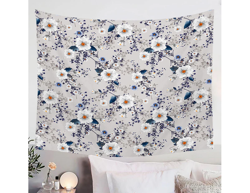 White and Blue Flowers over Grey Tapestry