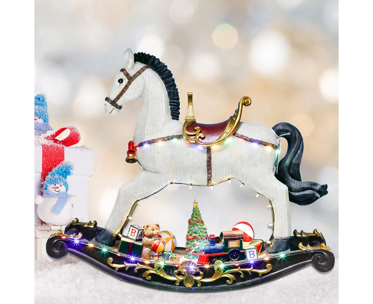 WISH Musical LED Light Christmas Village Rocking Horse With Christmas Tree Resin Animated Large Gift Box Xmas Decoration