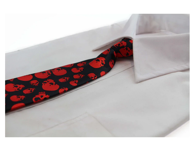 Kids Boys Black & Red Patterned Elastic Neck Tie - Skulls Polyester