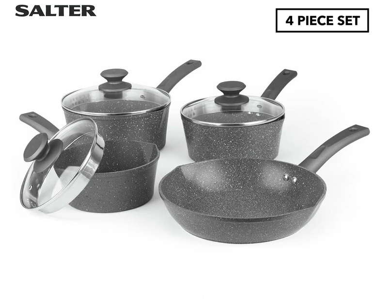 Salter 4-Piece EasyPour Non Stick Marble Coated Cookware Set with 3 EasyPour lids