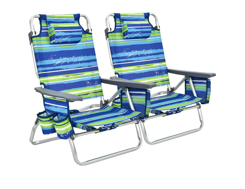 Costway 2 X Folding Reclining Beach Chairs Outdoor Camping Arm Chairs Fishing Panic w/ 5-Position Backrest & Head Pillow