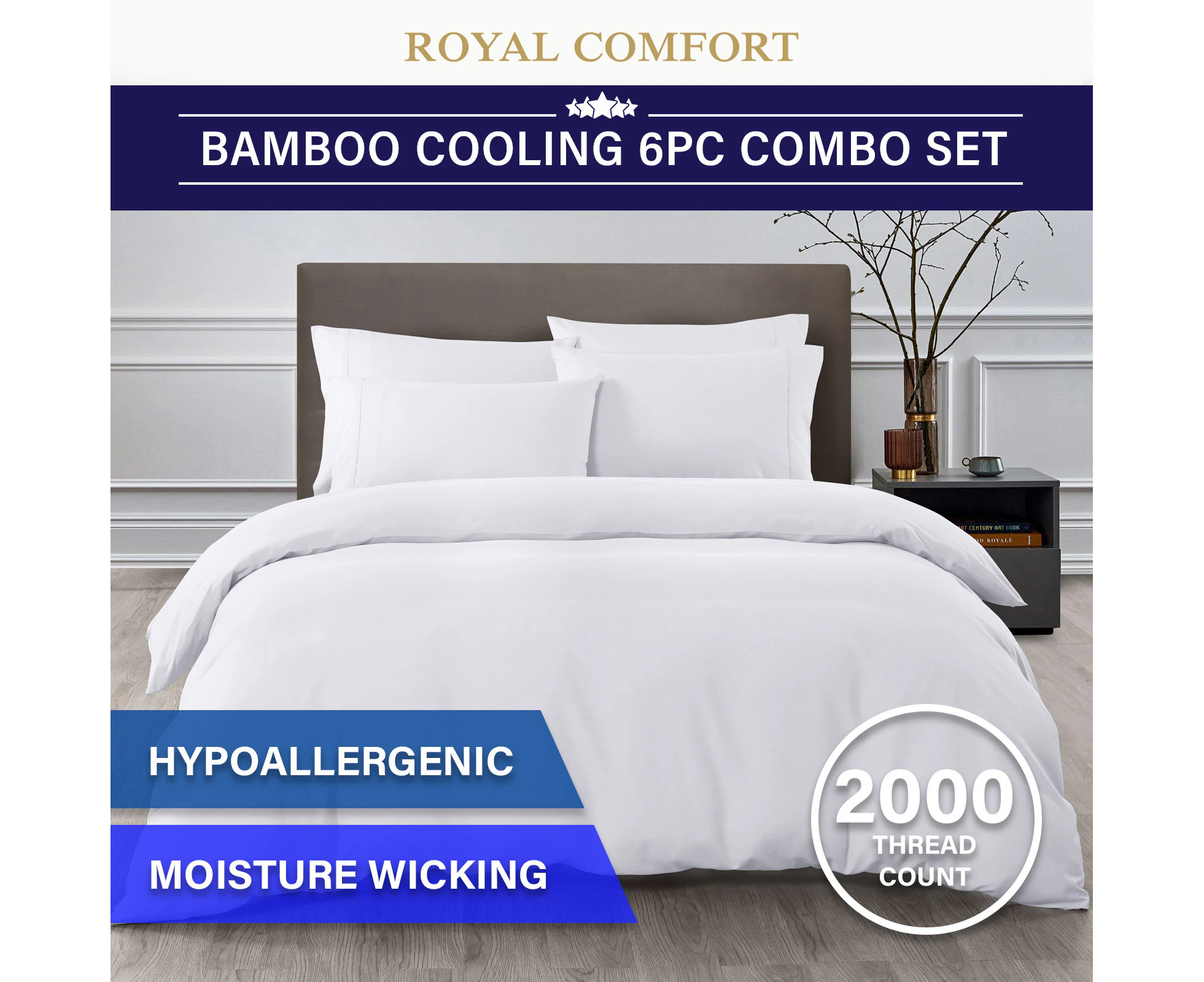 Royal Comfort 2000TC 6-Piece Bamboo King Bed Sheet & Quilt Cover Set - White