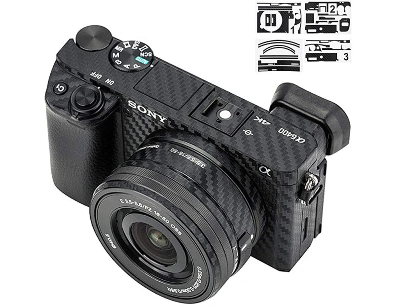 Anti-Scratch Camera Body Cover Sticker Protector for Sony A6400 A6300 + 16-50mm Lens, Anti-Slide Grip Holder Skin Guard Shield - Carbon Fibre Film