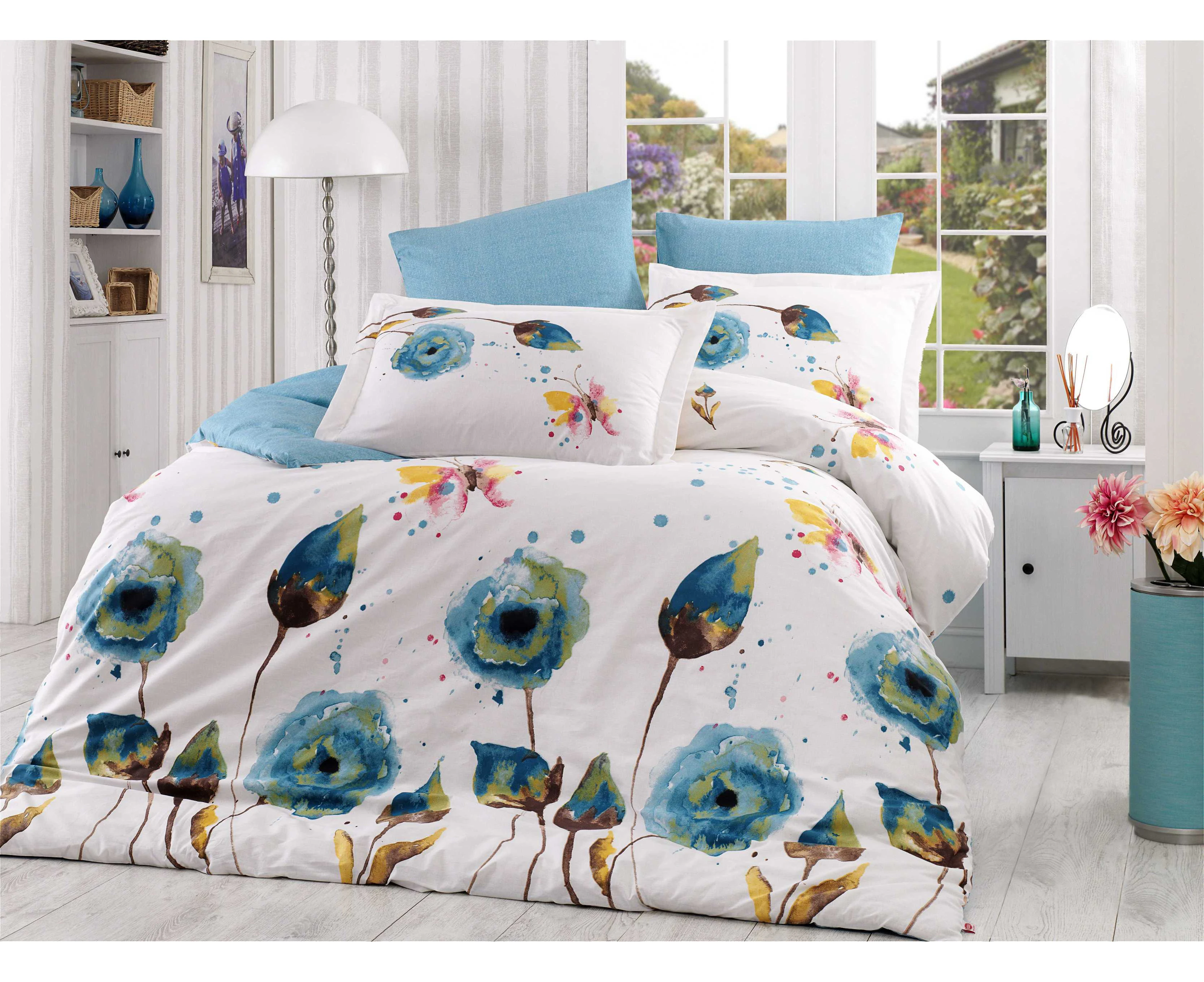 Luna Luxury 100% Organic 3 pc Cotton Quilt Doona Cover Set Poppy blue floral design Queen Size