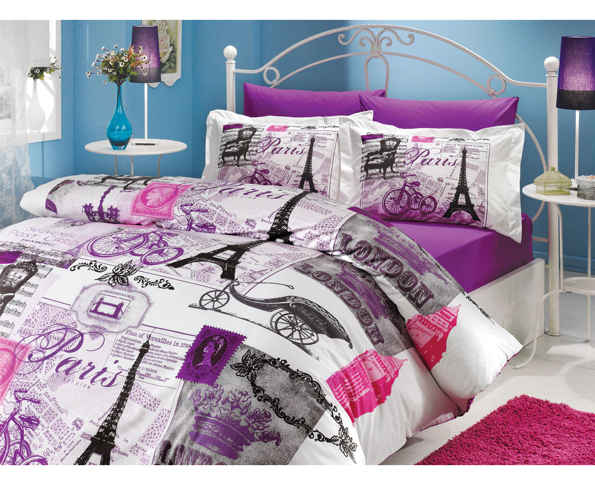 Luna Luxury 100% Organic Cotton 3 pc Quilt Doona Cover Set Paris Purple Queen Size