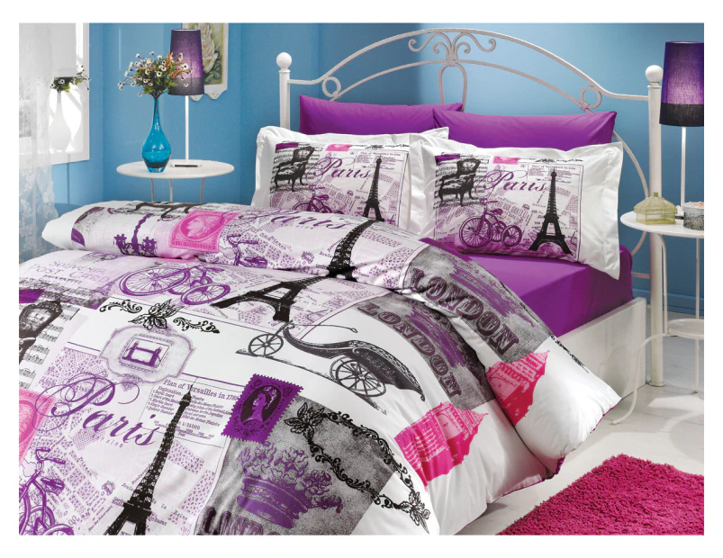 Luna Luxury 100% Organic Cotton 3 pc Quilt Doona Cover Set Paris Purple Queen Size