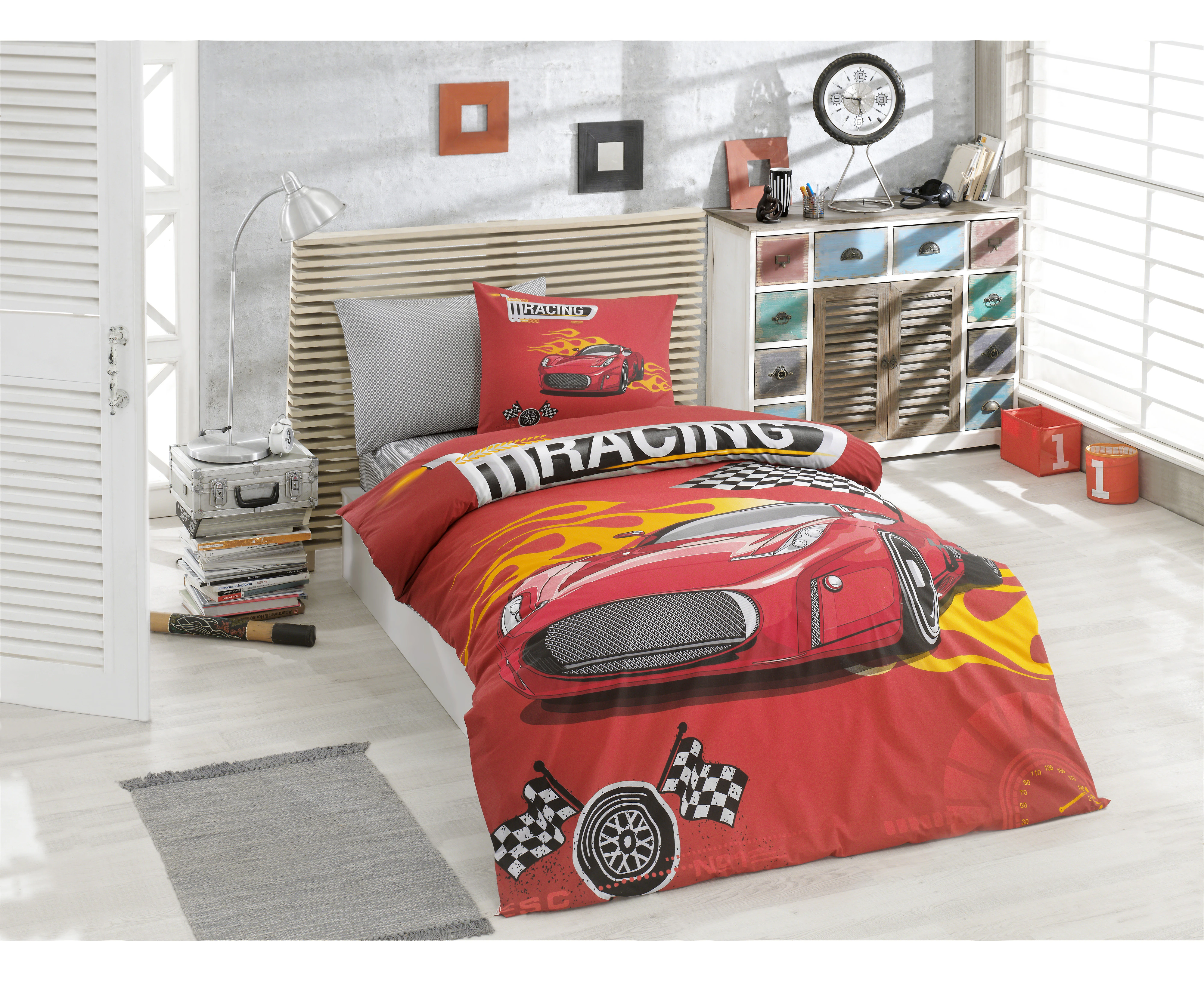 Luna Luxury 100% Organic Cotton 590TC 2 pc  Quilt Doona Duvet Cover Set Racing Car Red Single