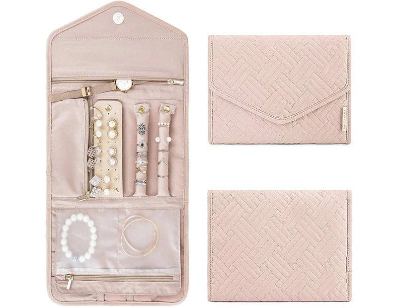 Bestier Travel Jewelry Organizer Roll Foldable Jewelry Case for Rings Necklaces - Pink
