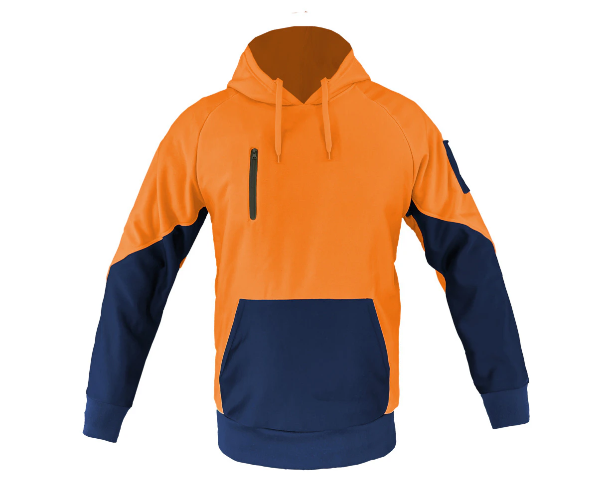 Hi Vis Hoodie Safety Work Jumper Fleece Kangaroo pocket - ORANGE NAVY