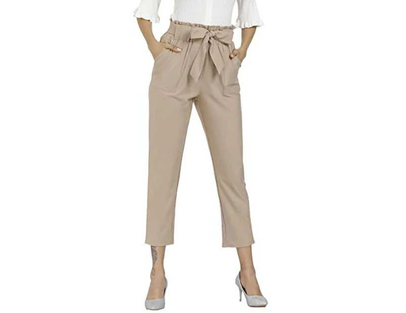 Strapsco Womens Casual Loose Paper Bag Waist Long Pants With Bow Tie Belt  Pockets-Khaki