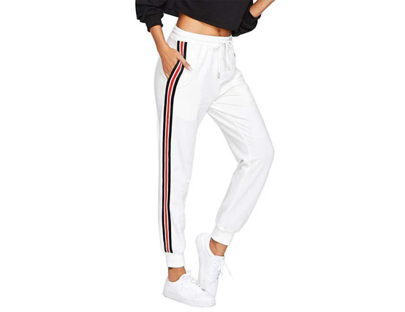 Strapsco Womens Drawstring Waist Red And White Striped Side Jogger Sweatpants With Pocket-White