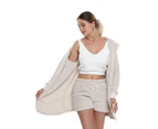 Strapsco Womens Fuzzy Warm Fleece 3 Piece Outfit Fleece Coat Jacket And Strap Crop Top Shorts-Off White