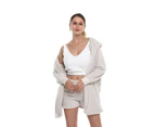Strapsco Womens Fuzzy Warm Fleece 3 Piece Outfit Fleece Coat Jacket And Strap Crop Top Shorts-Off White