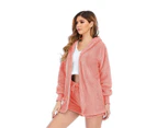 Strapsco Womens Fuzzy Warm Fleece 3 Piece Outfit Fleece Coat Jacket And Strap Crop Top Shorts-Pink