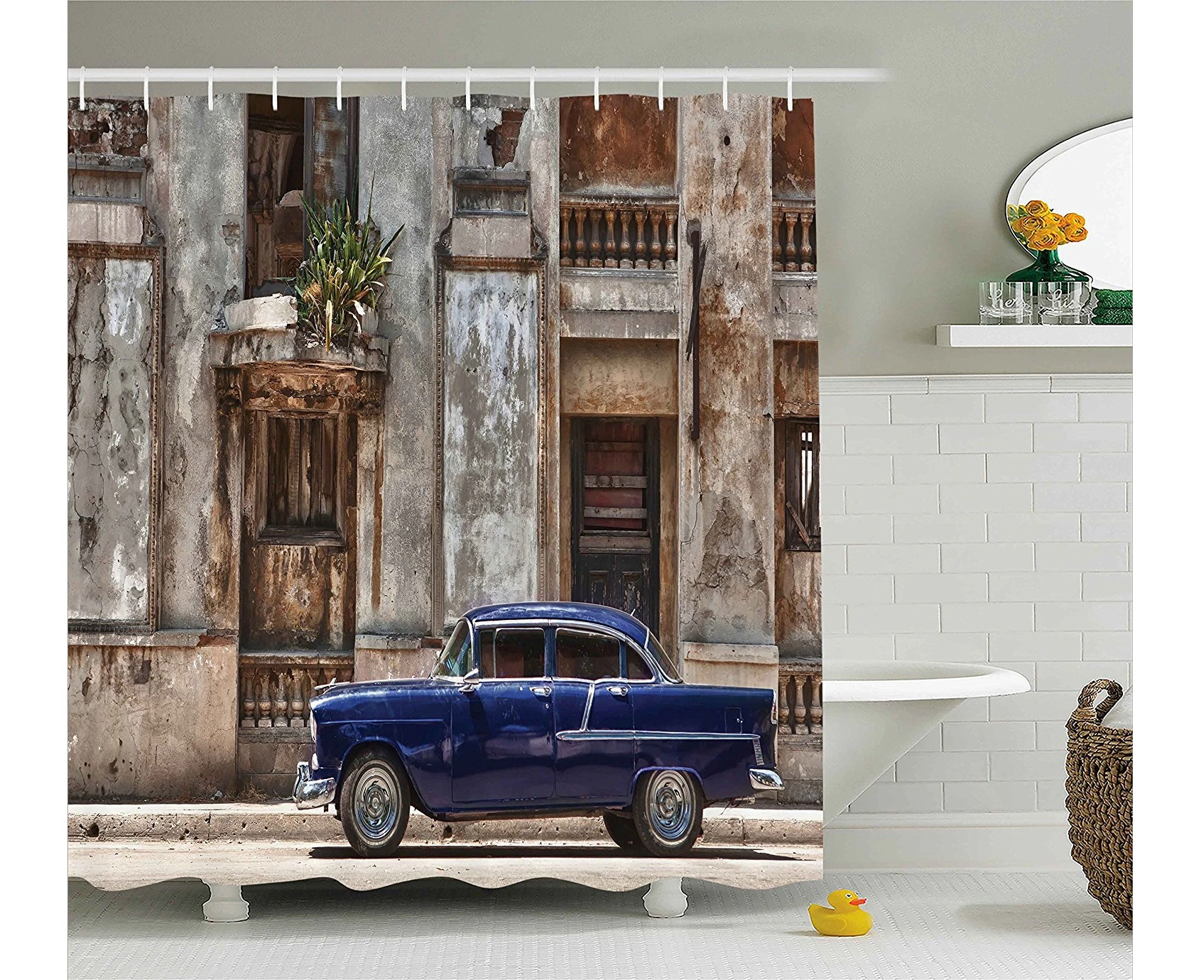 (180cm  W By 180cm  L, Multi 1) - Vintage Decor Shower Curtain by Ambesonne, Old Fancy Car in front of an Abandoned Building in Havana Cuba Urban Scenery,