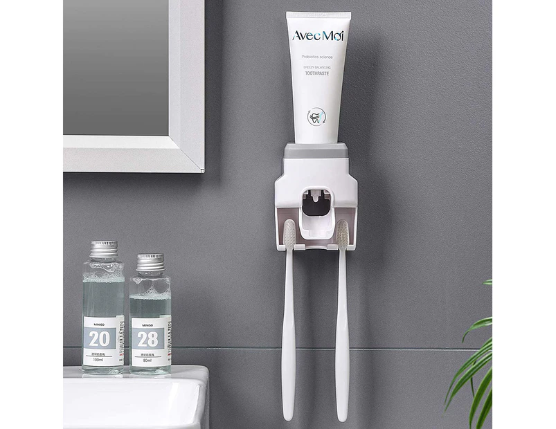 Punch-free wall hanging automatic toothpaste squeezer device toothbrush holder-Gray