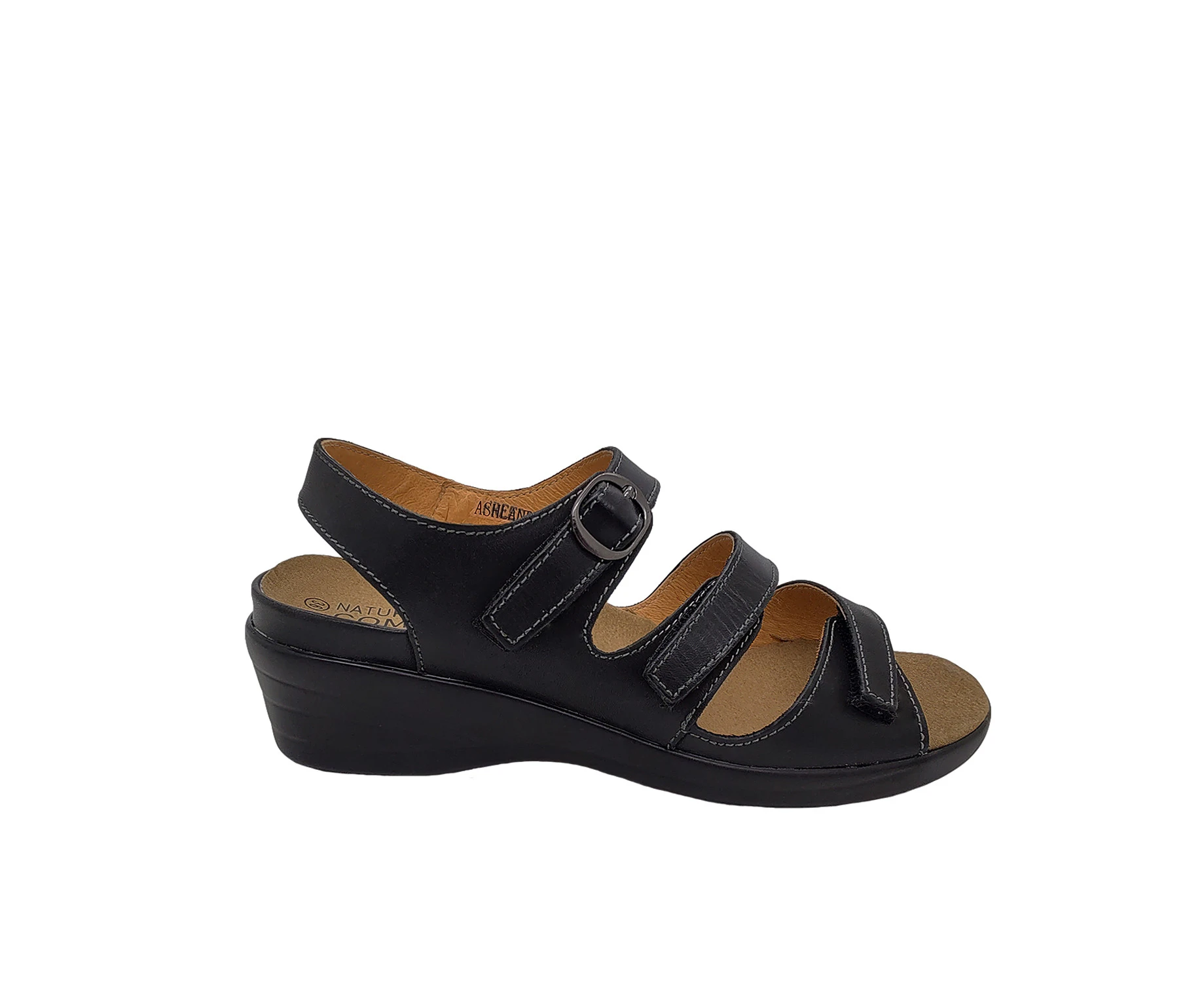 Natural Comfort Ashland Ladies Sandal Leather Slingback Adjustable Straps Wedge - Black