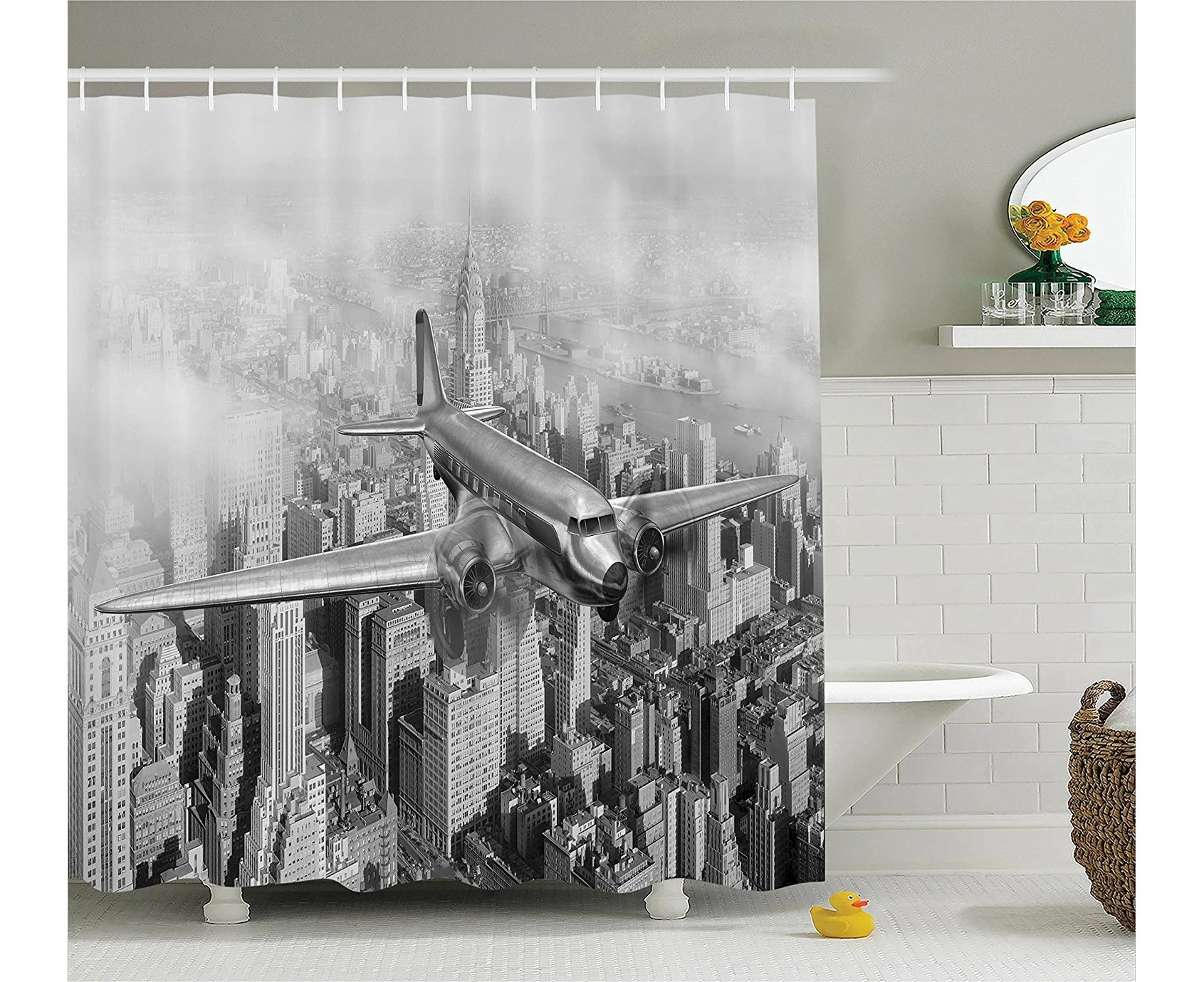 (180cm  W By 180cm  L, Multi 3) - Ambesonne Vintage Decor Collection, Nostalgic Dated Plane Flying over Skyscrapers in New York City Urban Life Events, Pol