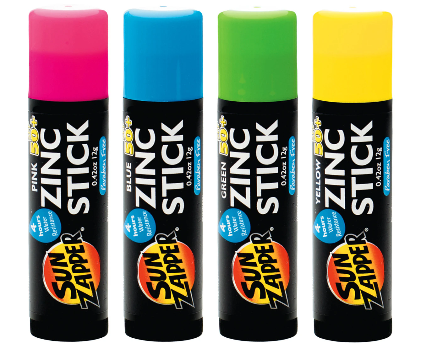 4-Pack SPF50+ Zinc Stick Sun Zapper 4x12g Pink Blue Green Yellow