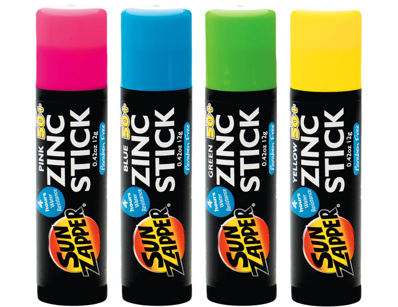 4-Pack SPF50+ Zinc Stick Sun Zapper 4x12g Pink Blue Green Yellow