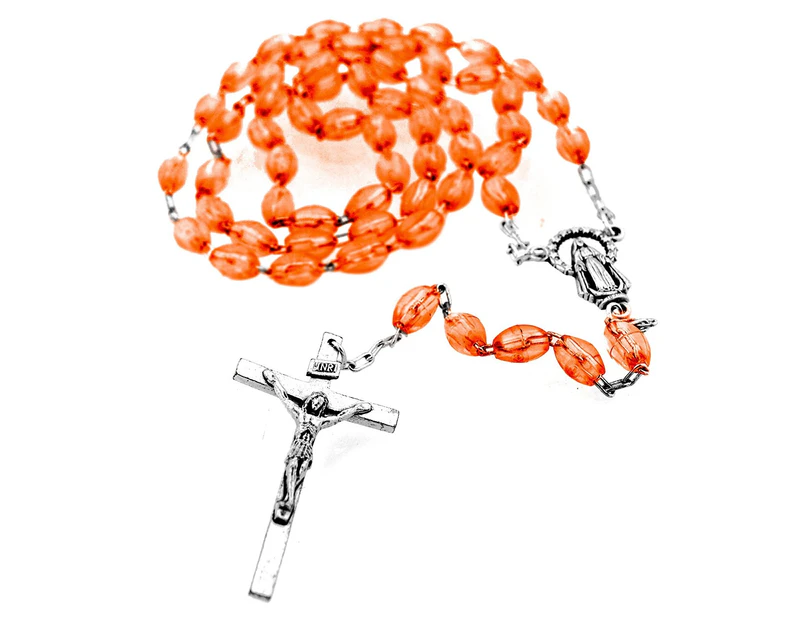 (Orange) - Catholic Rosary with Metal Crucifix Cross Made in Italy Miraculous Pink Oval Beads (Orange)