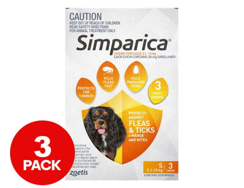 3pk Simparica Flea & Tick Chews For Small Dogs 5.1-10kg