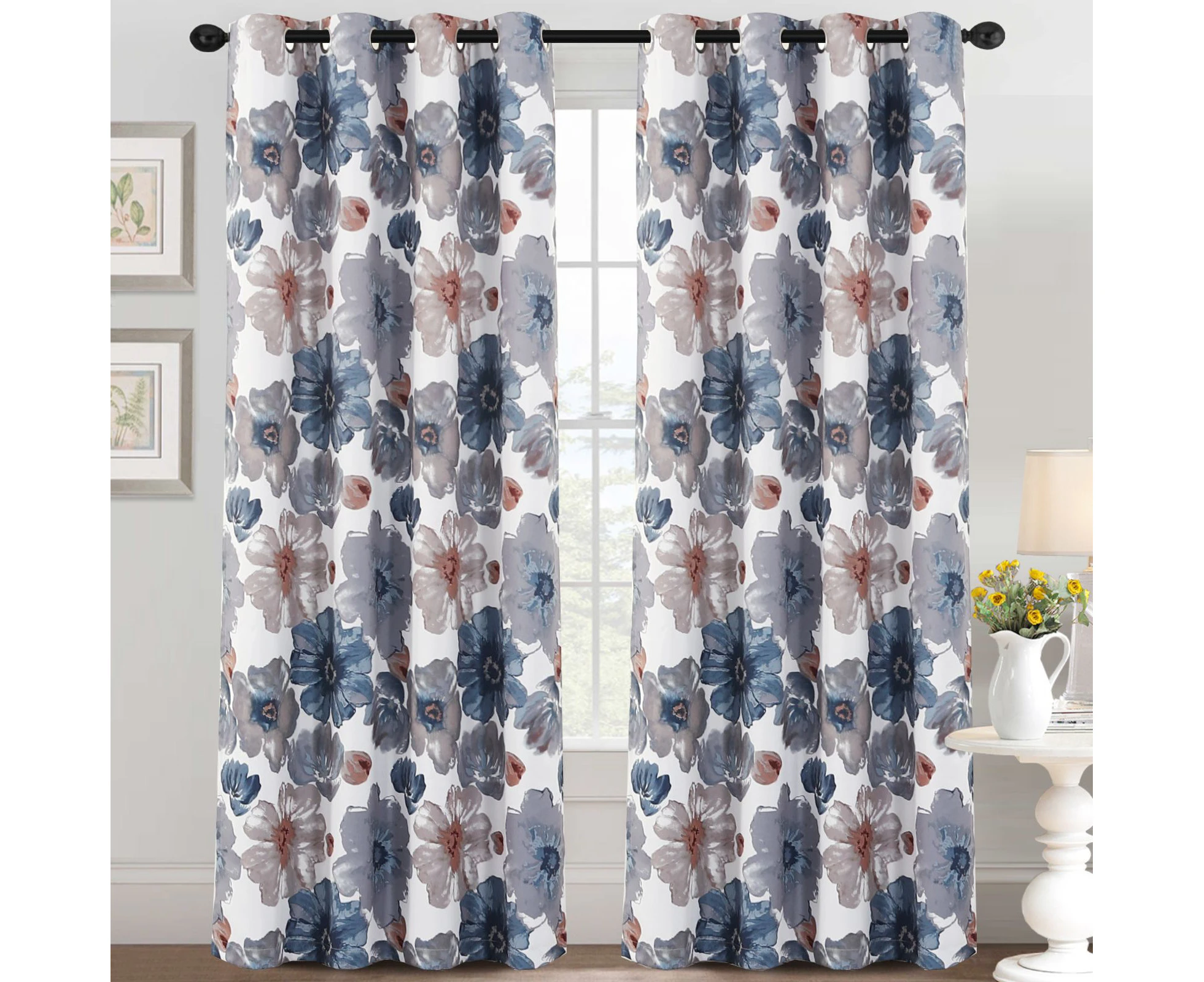 Blockout Curtains For Bedroom / Living Room Printed Pattern Blackout Curtain Draperies Classic Eyelet Sold 1 Pair，Arona & Taupe Floral