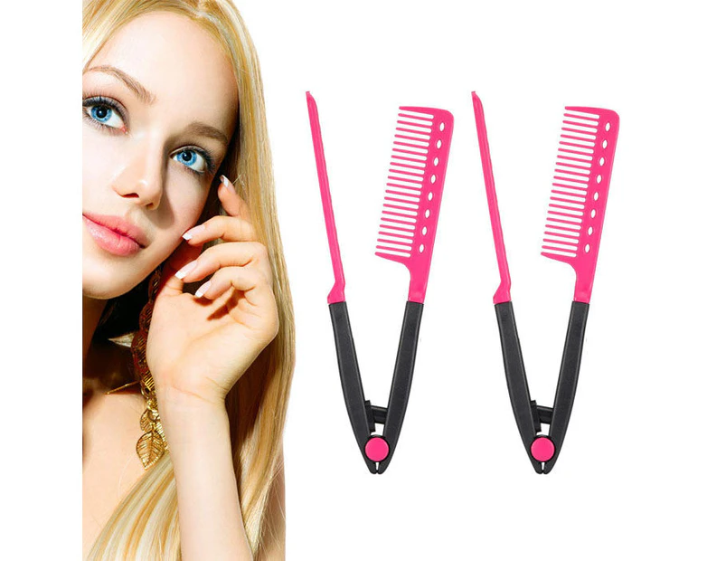 Beakey 2 Pcs Straightening Comb Salon Hair Brush Combs Hair Straightener  V-shaped Straightener Comb-Pink .au