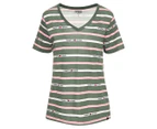 Tommy Hilfiger Women's Blossom Stripe V-Neck Tee / T-Shirt / Tshirt - Laurel Wreath Multi