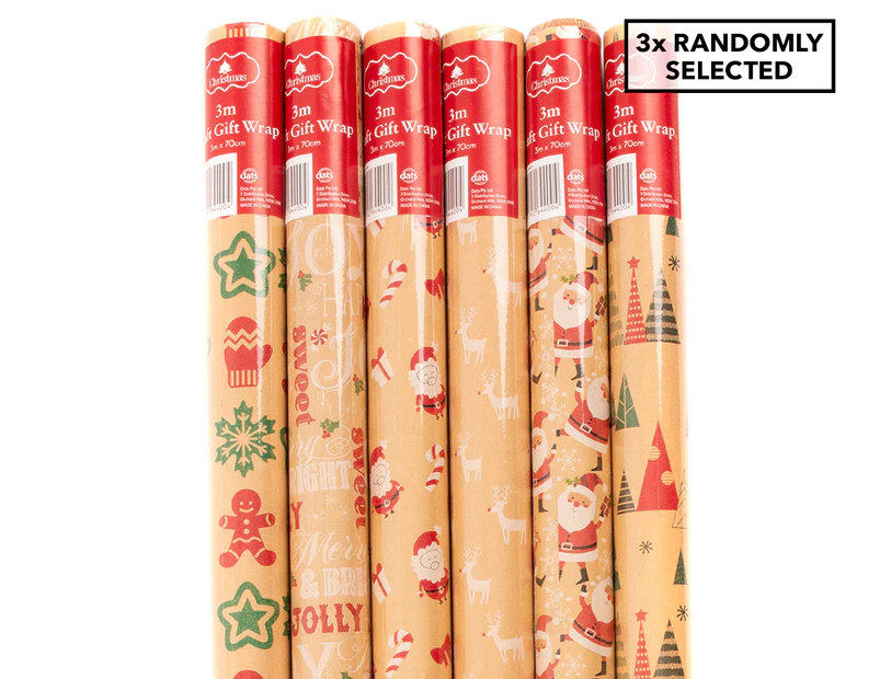 3 x DATS 3m Christmas Kraft Gift Wrap / Wrapping Paper - Randomly Selected