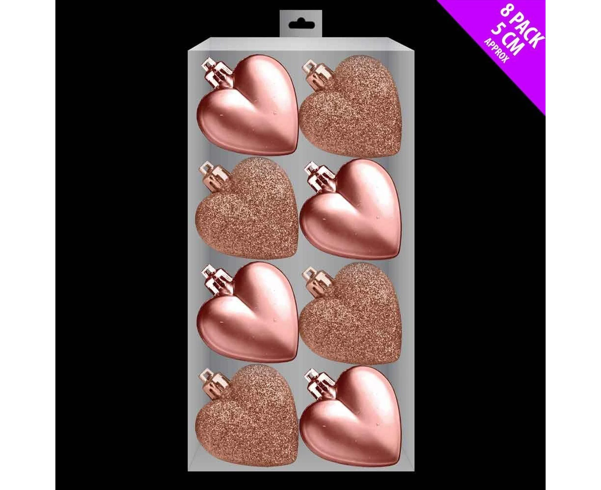 8 x 5cm Glitter + Matt Heart Shaped Christmas Tree Baubles - Assorted Colours (Rose Gold)